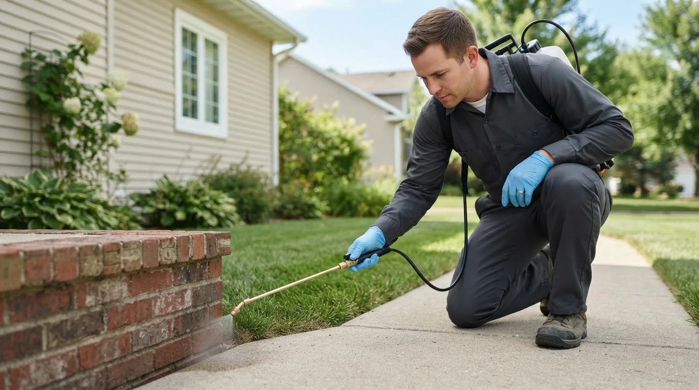 Pest control technician treating a home near Goodland, KS